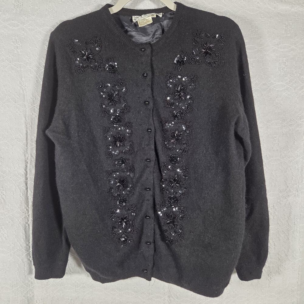 Vintage Vivien Forest Black Beaded Angora Blend Cardigan Sweater Women's Size S